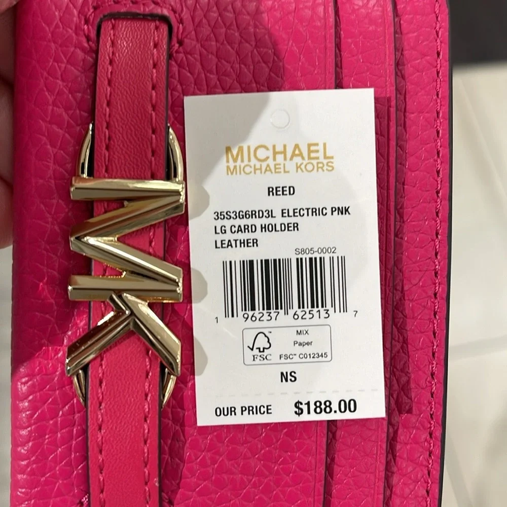 MICHAEL KORS Reed Large Pebbled Leather Card Holder Case Electric Pink  NWT